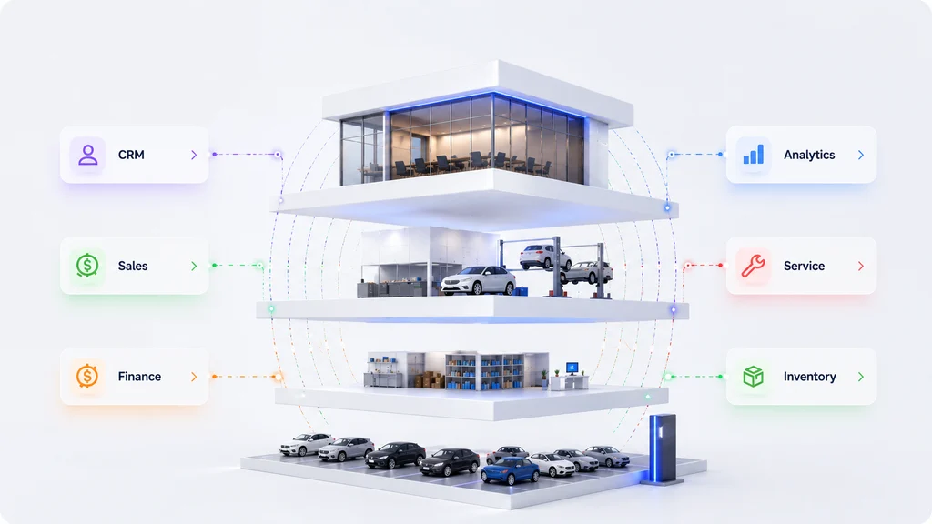 Industry specific automotive dealer management system by Pagoda Labs covers overall business aspects as shown in the illustration